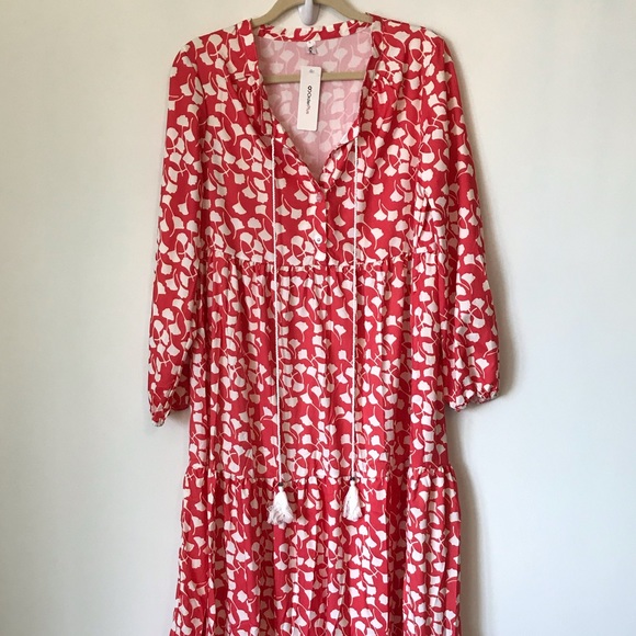 Choeis Dresses & Skirts - Red Tiered Ginkgo Print Gypsy Boho Maxi Dress